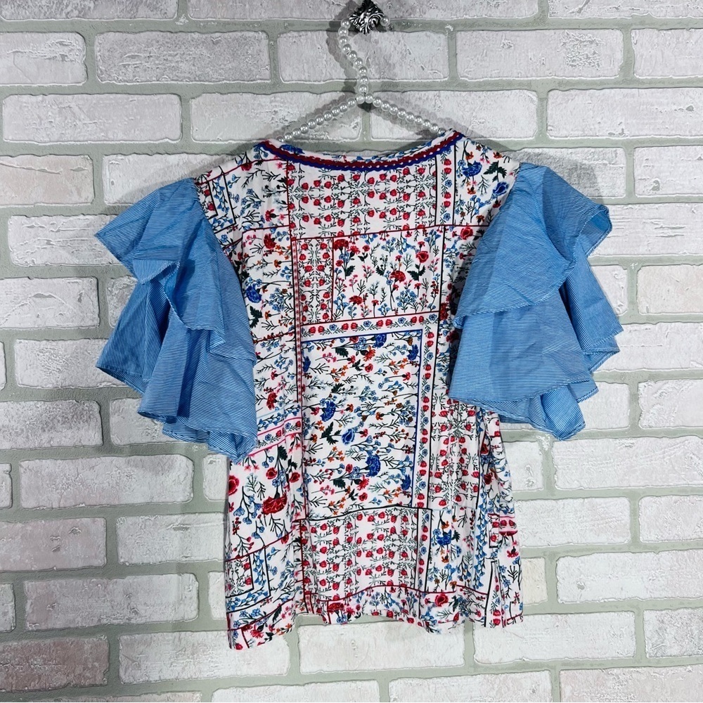 Anthropologie Let Me Be Floral Chambray Ruffle Flutter Sleeve Top Size S - Picture 7 of 10